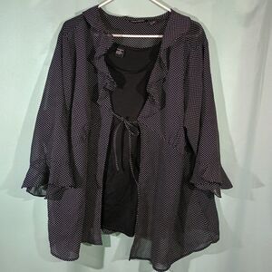 Womens Polka Dot Blouse Layered Top Ruffle Open Front Cardigan Style Black White